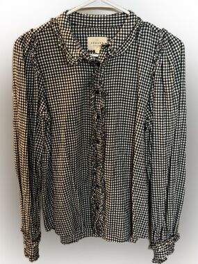 Sezane Black & White Gingham Ruffle-Trim Button Front Shirt